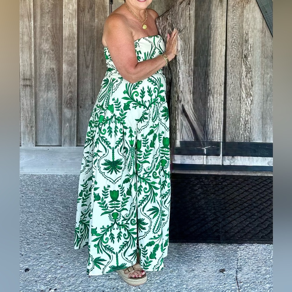 Green and White Strapless Maxi Dress